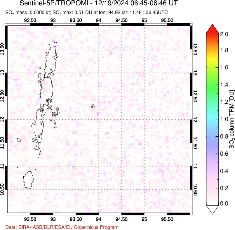 A sulfur dioxide image over Andaman Islands, Indian Ocean on Dec 19, 2024.