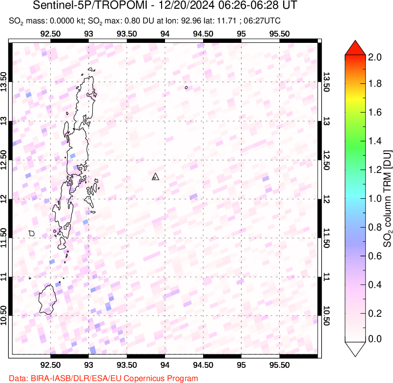 A sulfur dioxide image over Andaman Islands, Indian Ocean on Dec 20, 2024.