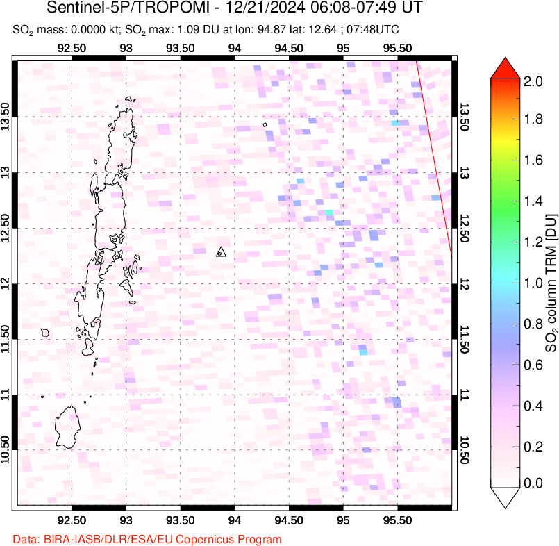 A sulfur dioxide image over Andaman Islands, Indian Ocean on Dec 21, 2024.