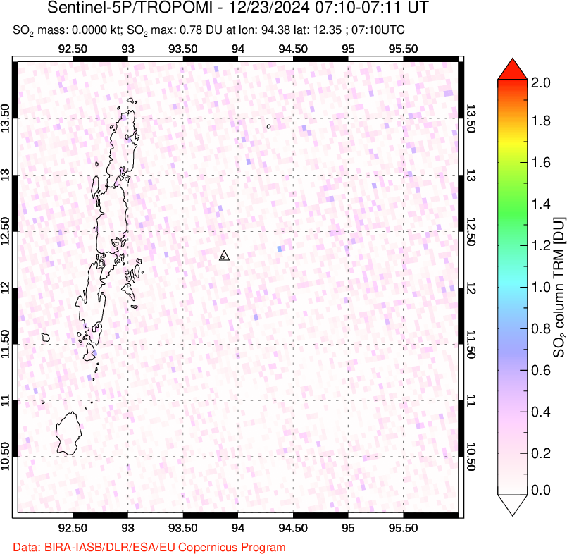 A sulfur dioxide image over Andaman Islands, Indian Ocean on Dec 23, 2024.