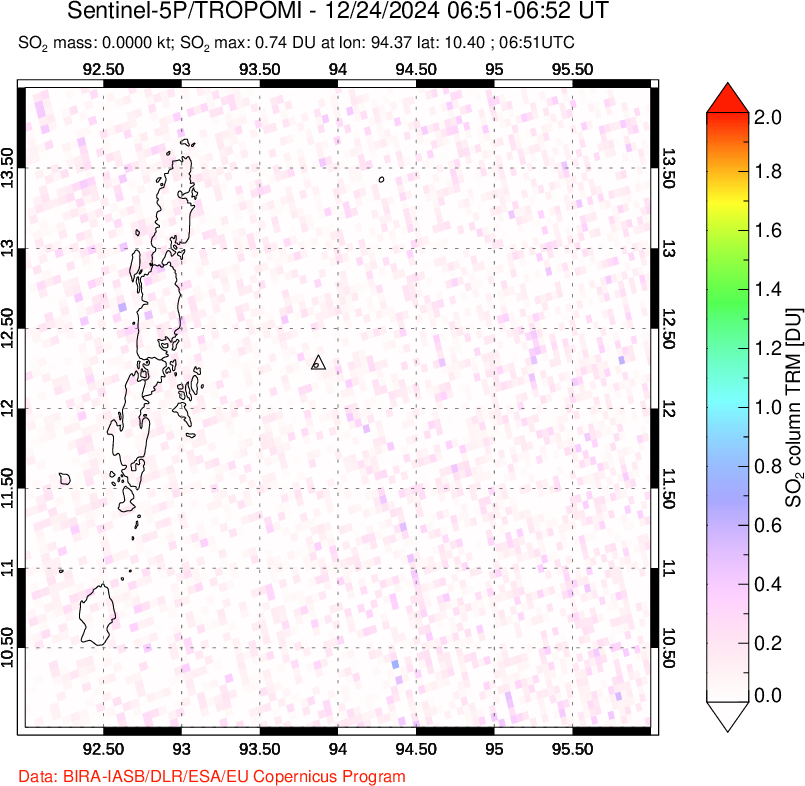 A sulfur dioxide image over Andaman Islands, Indian Ocean on Dec 24, 2024.