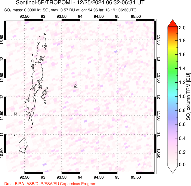 A sulfur dioxide image over Andaman Islands, Indian Ocean on Dec 25, 2024.