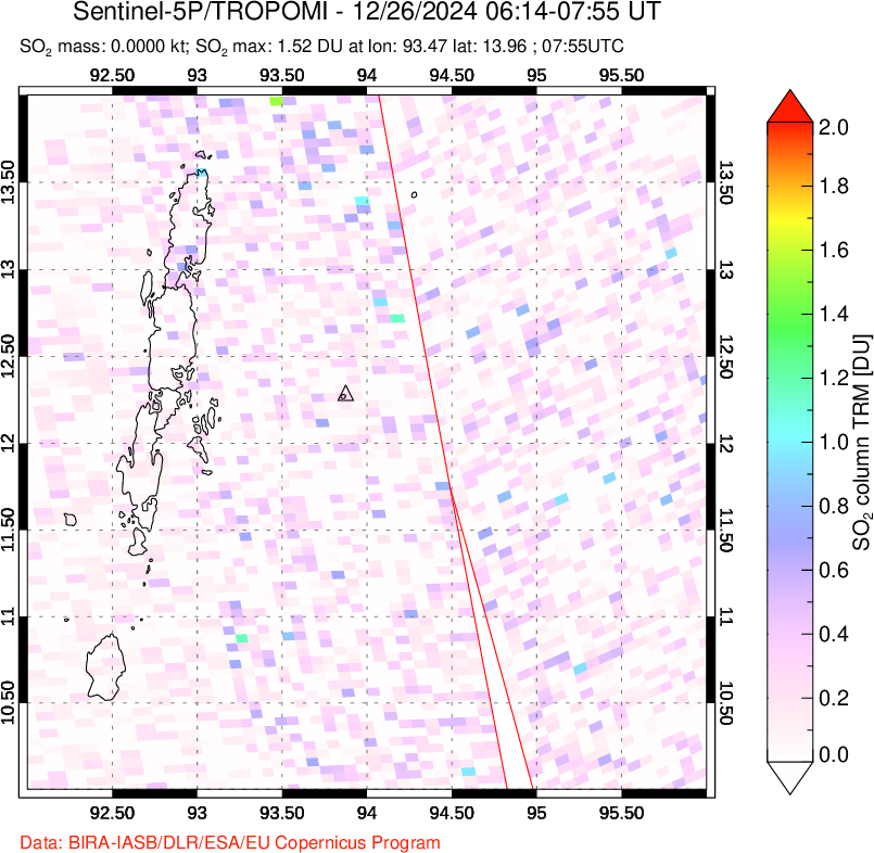 A sulfur dioxide image over Andaman Islands, Indian Ocean on Dec 26, 2024.