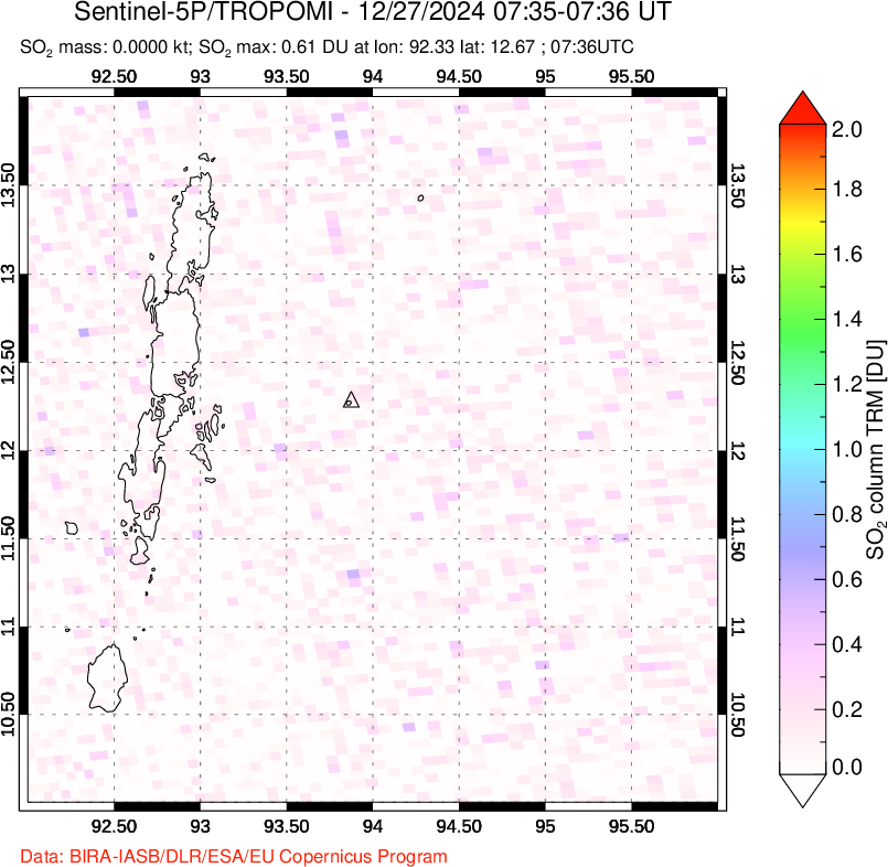 A sulfur dioxide image over Andaman Islands, Indian Ocean on Dec 27, 2024.