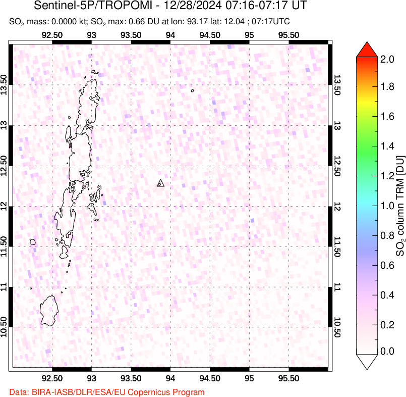 A sulfur dioxide image over Andaman Islands, Indian Ocean on Dec 28, 2024.