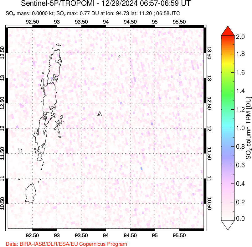 A sulfur dioxide image over Andaman Islands, Indian Ocean on Dec 29, 2024.