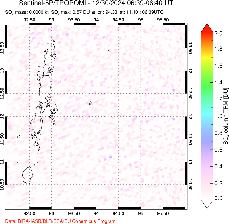 A sulfur dioxide image over Andaman Islands, Indian Ocean on Dec 30, 2024.