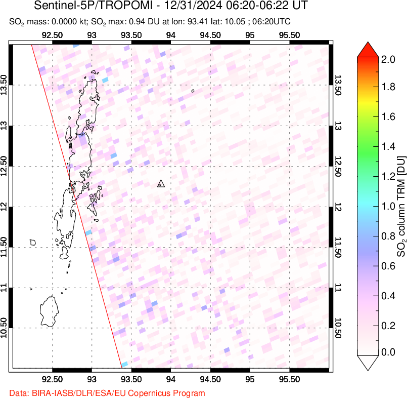 A sulfur dioxide image over Andaman Islands, Indian Ocean on Dec 31, 2024.