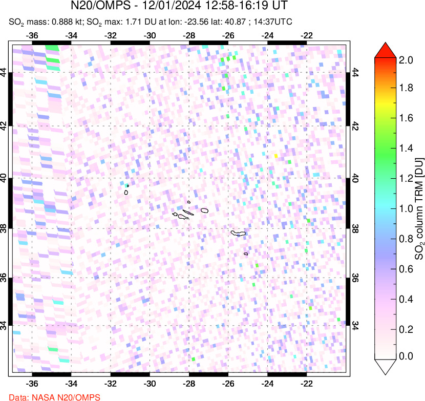 A sulfur dioxide image over Azores Islands, Portugal on Dec 01, 2024.