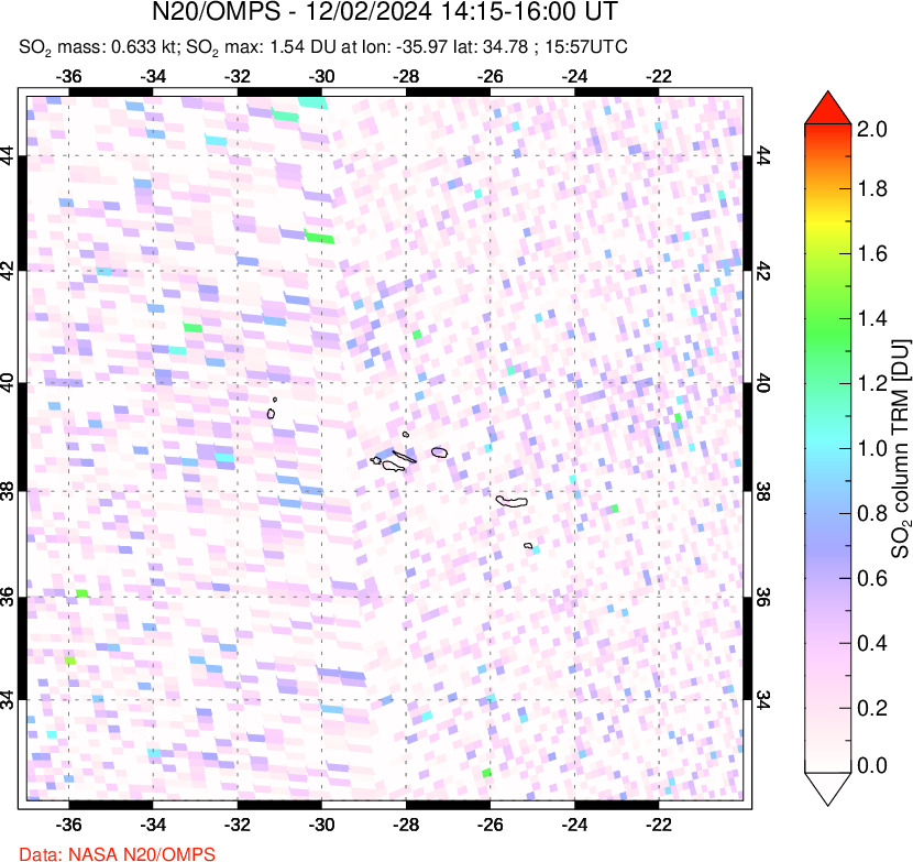 A sulfur dioxide image over Azores Islands, Portugal on Dec 02, 2024.