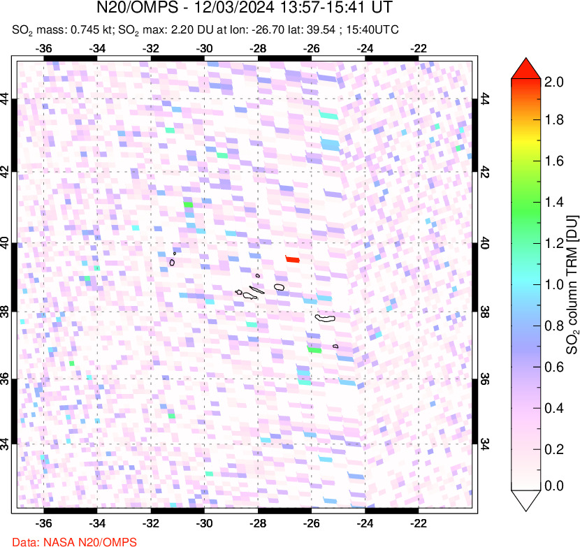 A sulfur dioxide image over Azores Islands, Portugal on Dec 03, 2024.