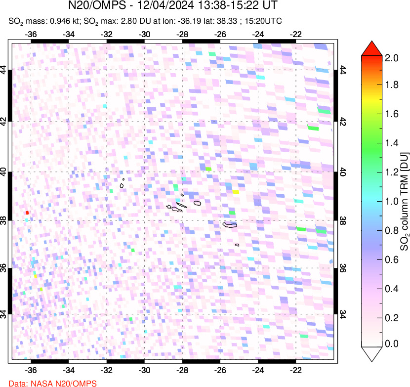 A sulfur dioxide image over Azores Islands, Portugal on Dec 04, 2024.