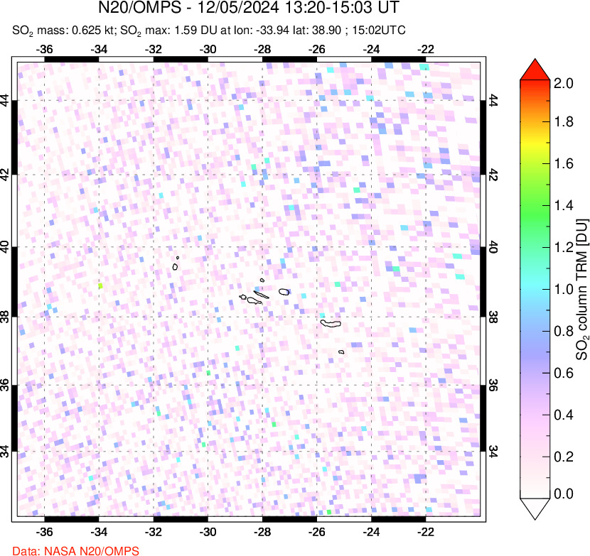 A sulfur dioxide image over Azores Islands, Portugal on Dec 05, 2024.