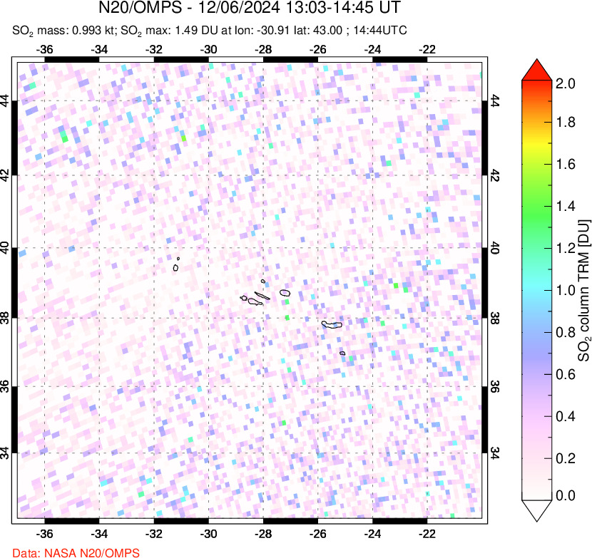 A sulfur dioxide image over Azores Islands, Portugal on Dec 06, 2024.