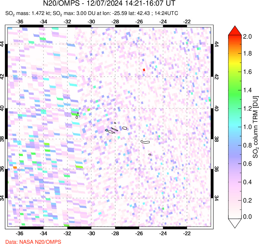 A sulfur dioxide image over Azores Islands, Portugal on Dec 07, 2024.