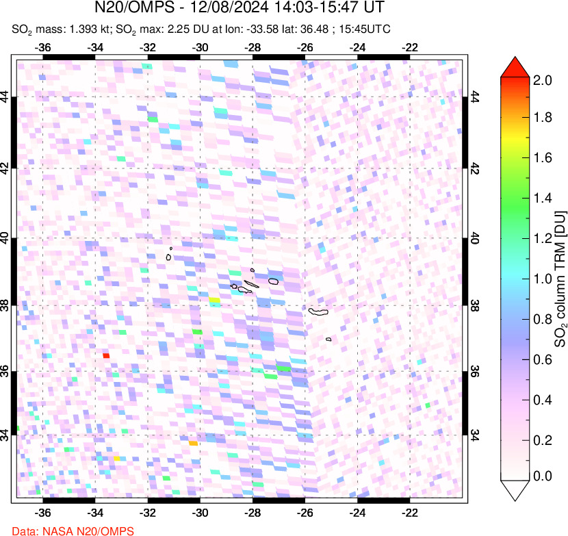 A sulfur dioxide image over Azores Islands, Portugal on Dec 08, 2024.