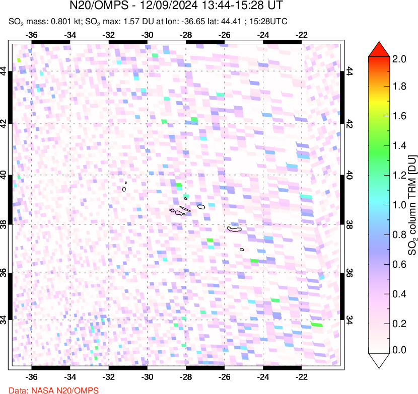 A sulfur dioxide image over Azores Islands, Portugal on Dec 09, 2024.