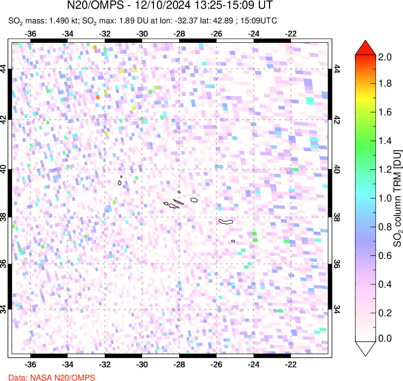 A sulfur dioxide image over Azores Islands, Portugal on Dec 10, 2024.