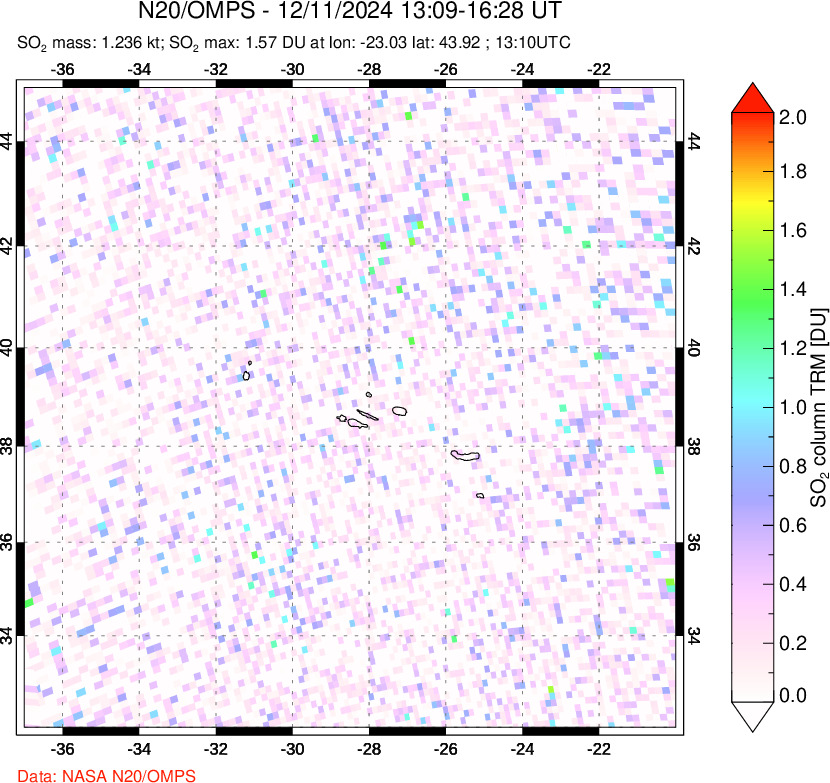 A sulfur dioxide image over Azores Islands, Portugal on Dec 11, 2024.