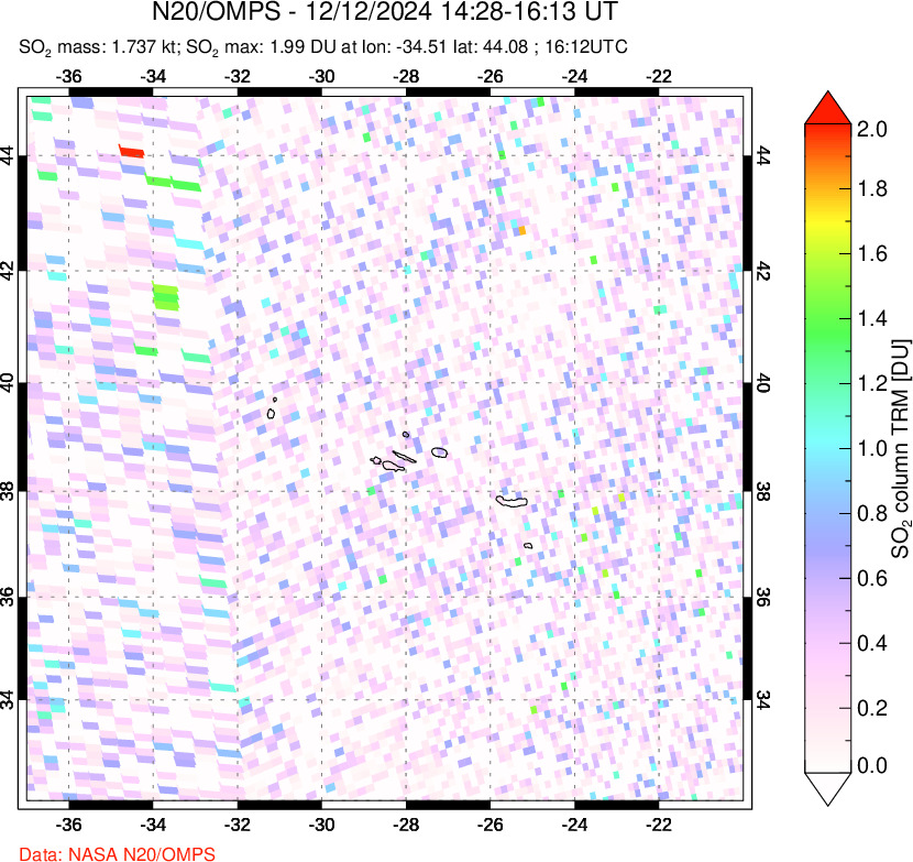 A sulfur dioxide image over Azores Islands, Portugal on Dec 12, 2024.