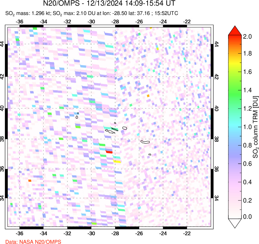 A sulfur dioxide image over Azores Islands, Portugal on Dec 13, 2024.