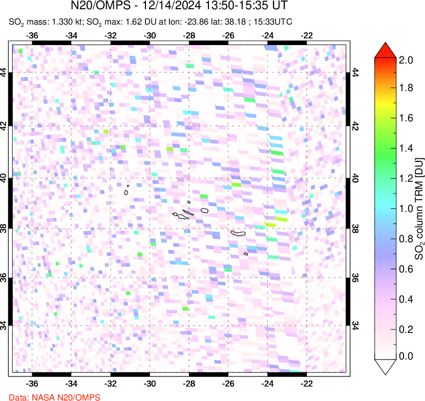 A sulfur dioxide image over Azores Islands, Portugal on Dec 14, 2024.