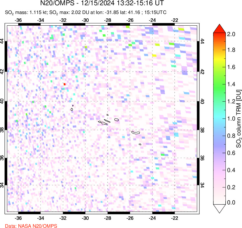 A sulfur dioxide image over Azores Islands, Portugal on Dec 15, 2024.