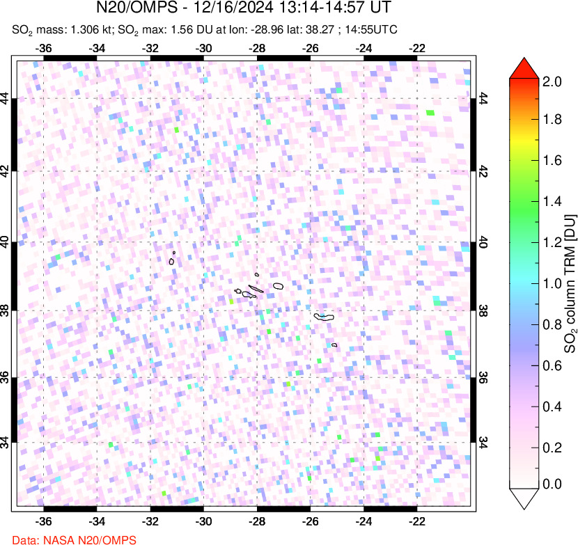 A sulfur dioxide image over Azores Islands, Portugal on Dec 16, 2024.