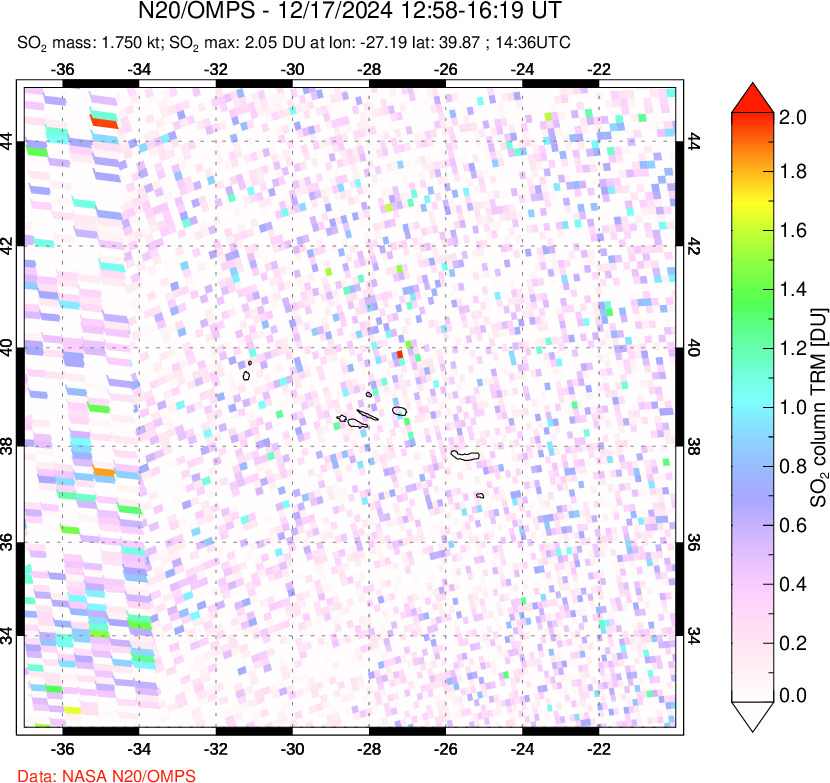 A sulfur dioxide image over Azores Islands, Portugal on Dec 17, 2024.