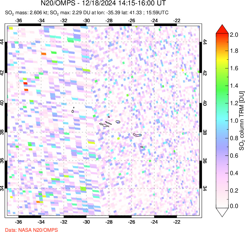 A sulfur dioxide image over Azores Islands, Portugal on Dec 18, 2024.