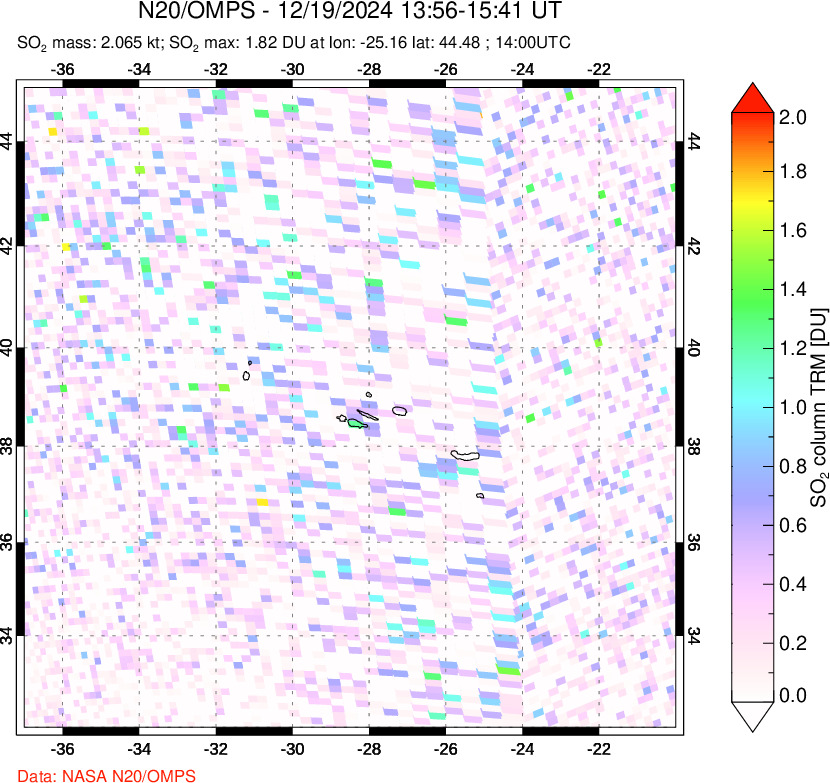 A sulfur dioxide image over Azores Islands, Portugal on Dec 19, 2024.