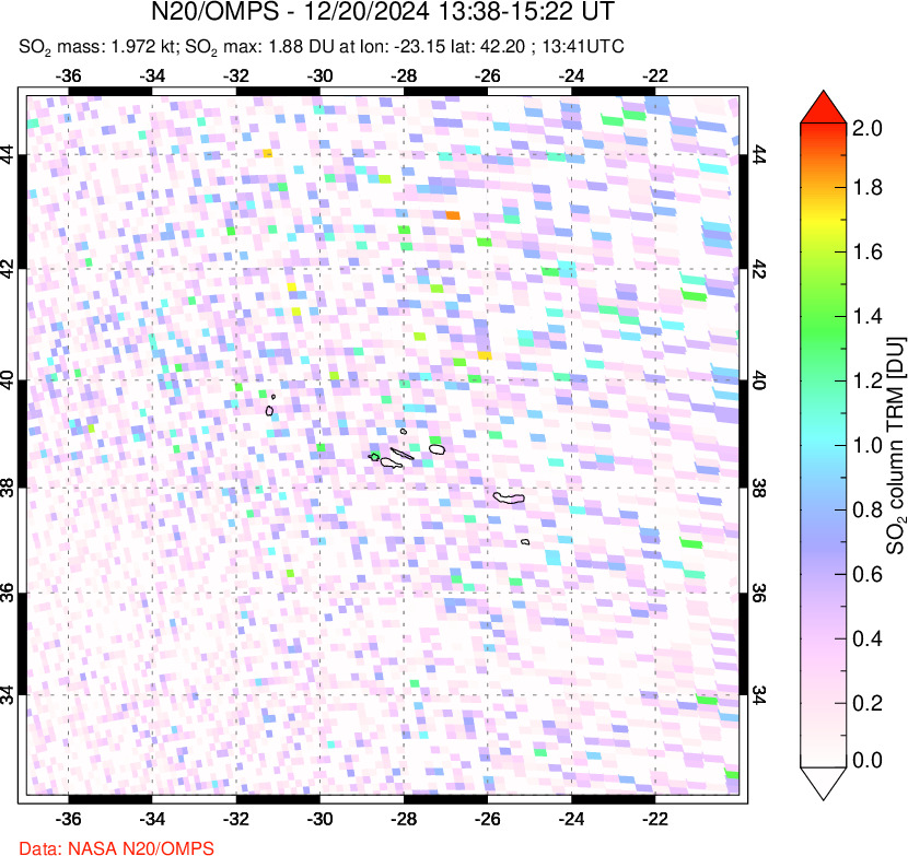 A sulfur dioxide image over Azores Islands, Portugal on Dec 20, 2024.