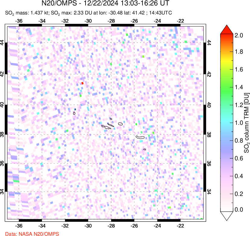 A sulfur dioxide image over Azores Islands, Portugal on Dec 22, 2024.