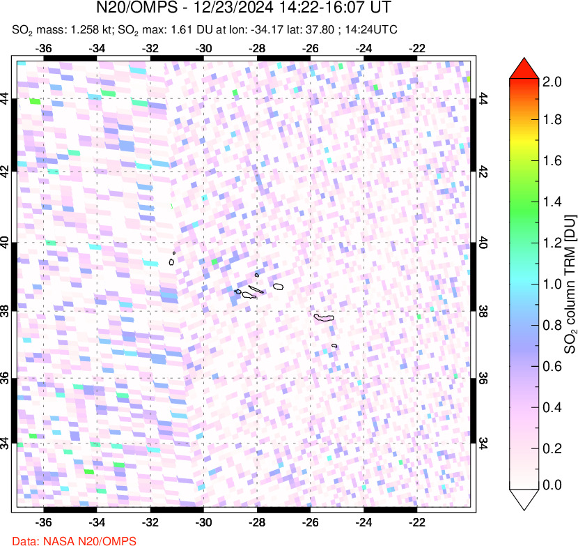 A sulfur dioxide image over Azores Islands, Portugal on Dec 23, 2024.