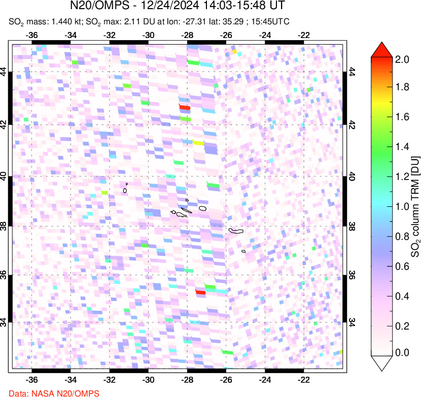 A sulfur dioxide image over Azores Islands, Portugal on Dec 24, 2024.