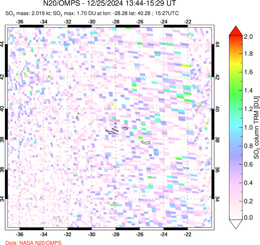 A sulfur dioxide image over Azores Islands, Portugal on Dec 25, 2024.