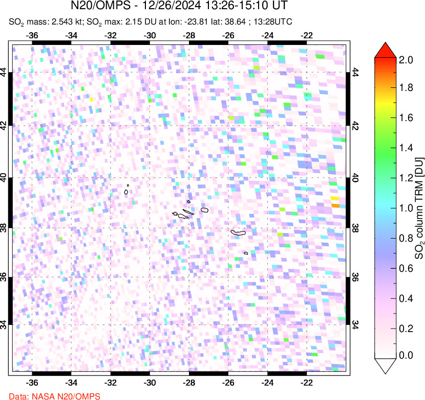 A sulfur dioxide image over Azores Islands, Portugal on Dec 26, 2024.