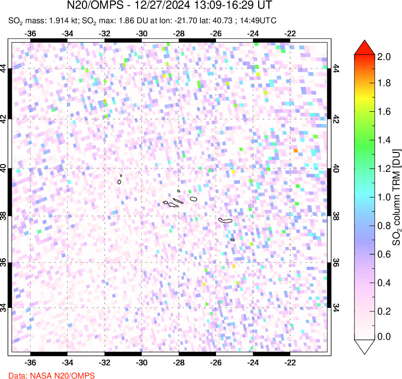 A sulfur dioxide image over Azores Islands, Portugal on Dec 27, 2024.