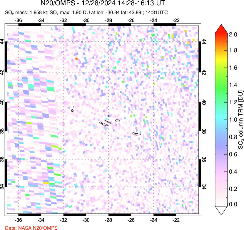 A sulfur dioxide image over Azores Islands, Portugal on Dec 28, 2024.