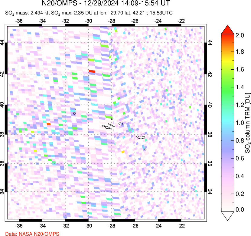 A sulfur dioxide image over Azores Islands, Portugal on Dec 29, 2024.