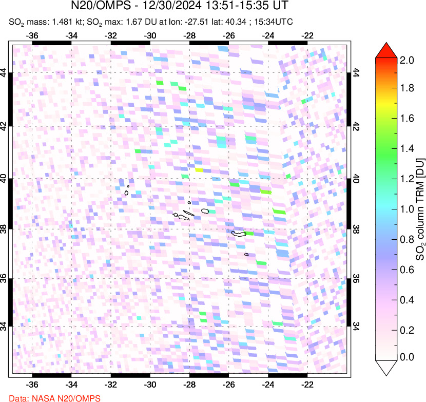 A sulfur dioxide image over Azores Islands, Portugal on Dec 30, 2024.