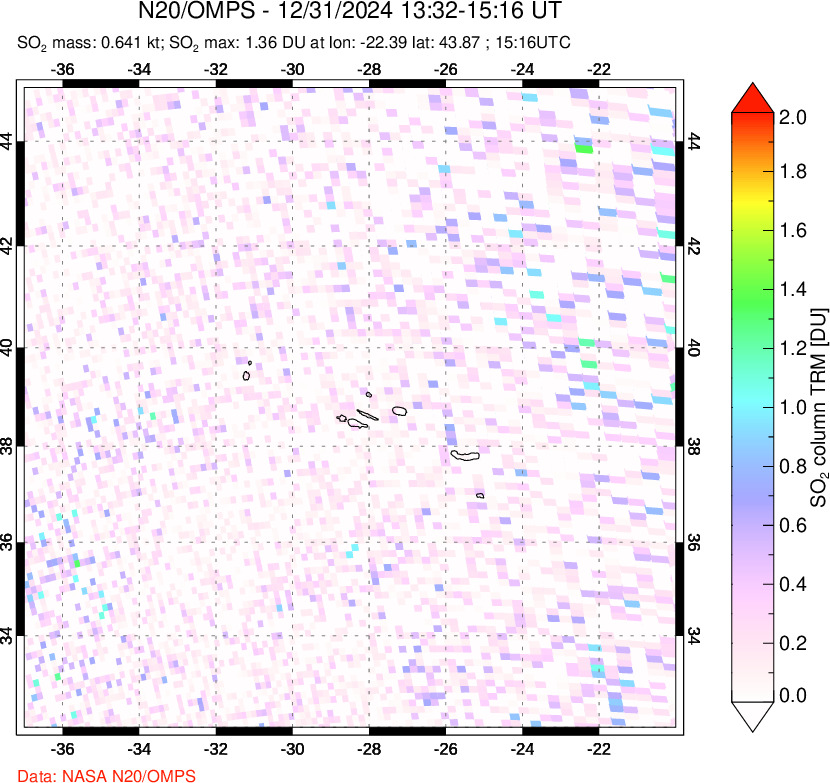 A sulfur dioxide image over Azores Islands, Portugal on Dec 31, 2024.