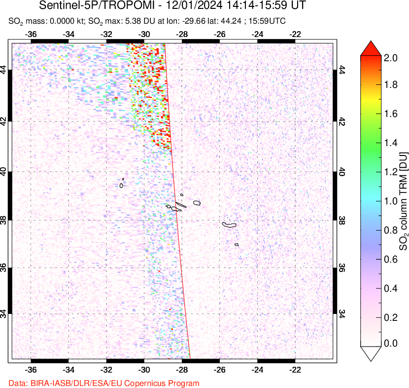 A sulfur dioxide image over Azore Islands, Portugal on Dec 01, 2024.