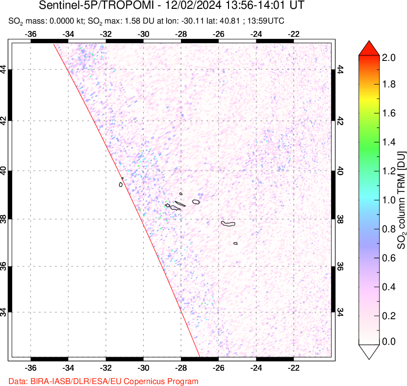 A sulfur dioxide image over Azore Islands, Portugal on Dec 02, 2024.