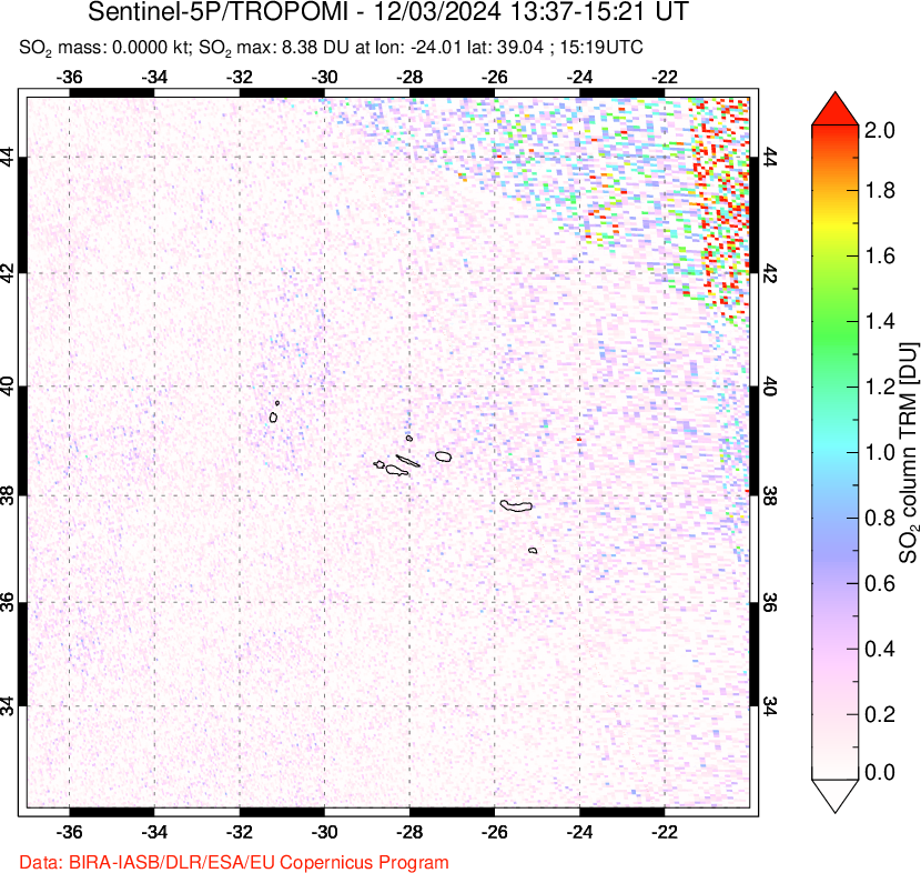 A sulfur dioxide image over Azore Islands, Portugal on Dec 03, 2024.