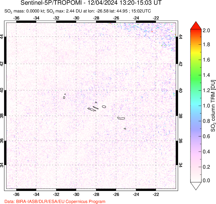 A sulfur dioxide image over Azore Islands, Portugal on Dec 04, 2024.