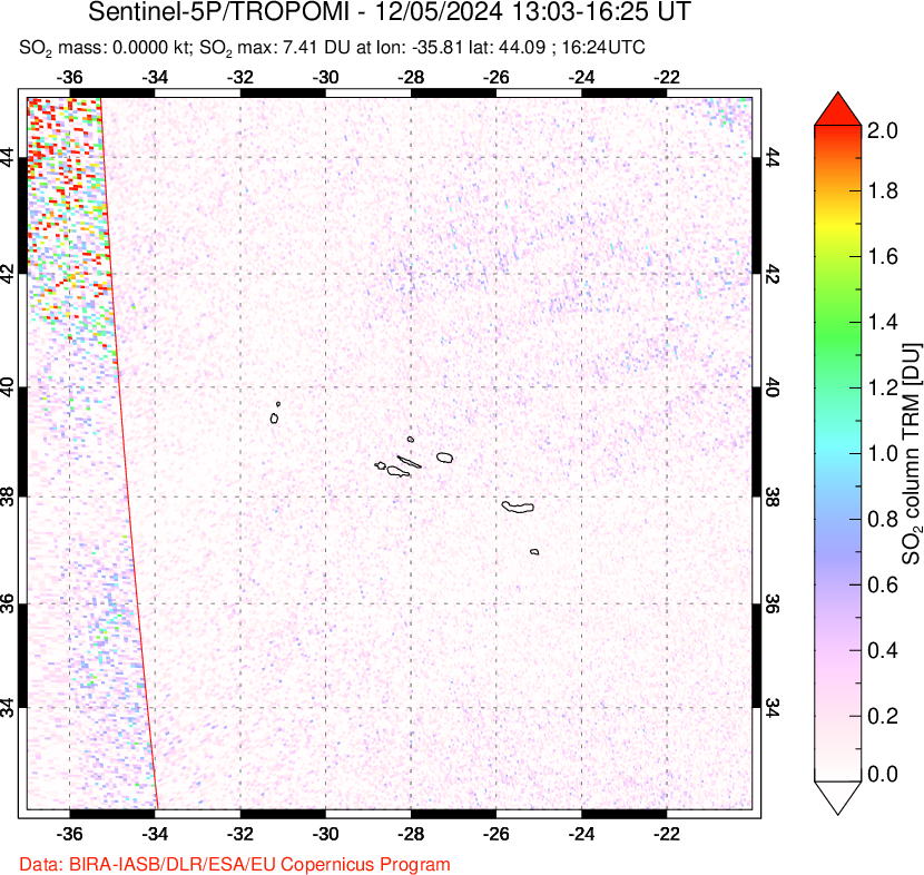 A sulfur dioxide image over Azore Islands, Portugal on Dec 05, 2024.