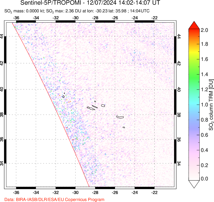 A sulfur dioxide image over Azore Islands, Portugal on Dec 07, 2024.