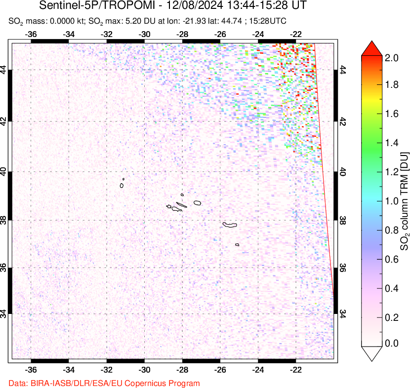 A sulfur dioxide image over Azore Islands, Portugal on Dec 08, 2024.