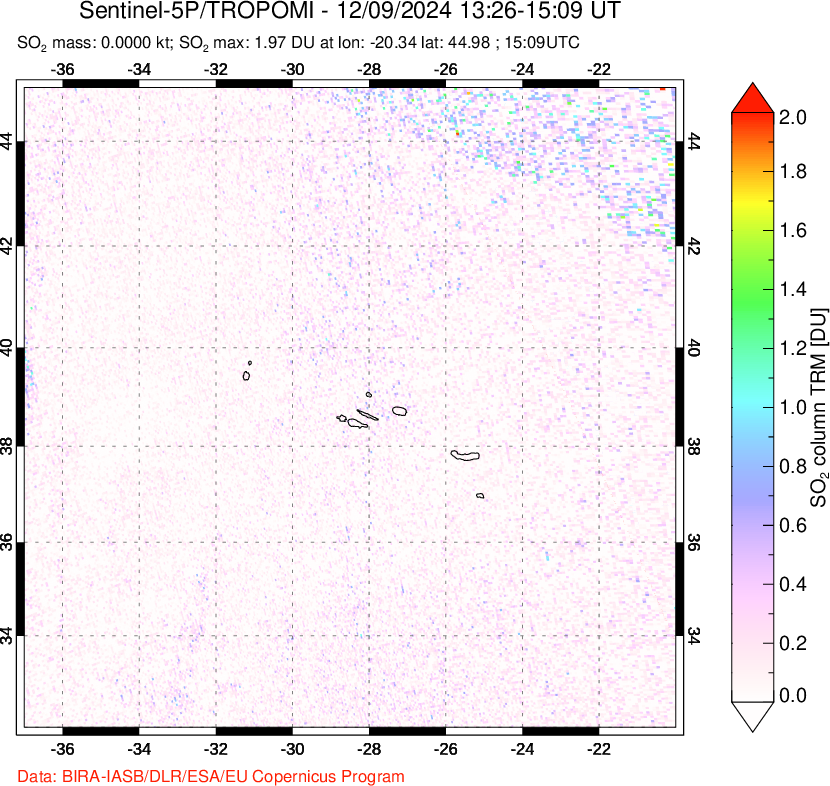 A sulfur dioxide image over Azore Islands, Portugal on Dec 09, 2024.